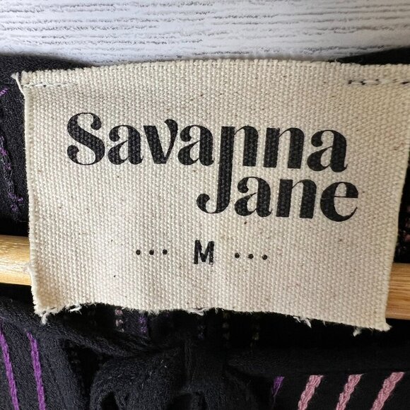 Savanna Jane Blouse Womens Size Medium Black Tiered Colorful Embroidered Stripes - Picture 2 of 15